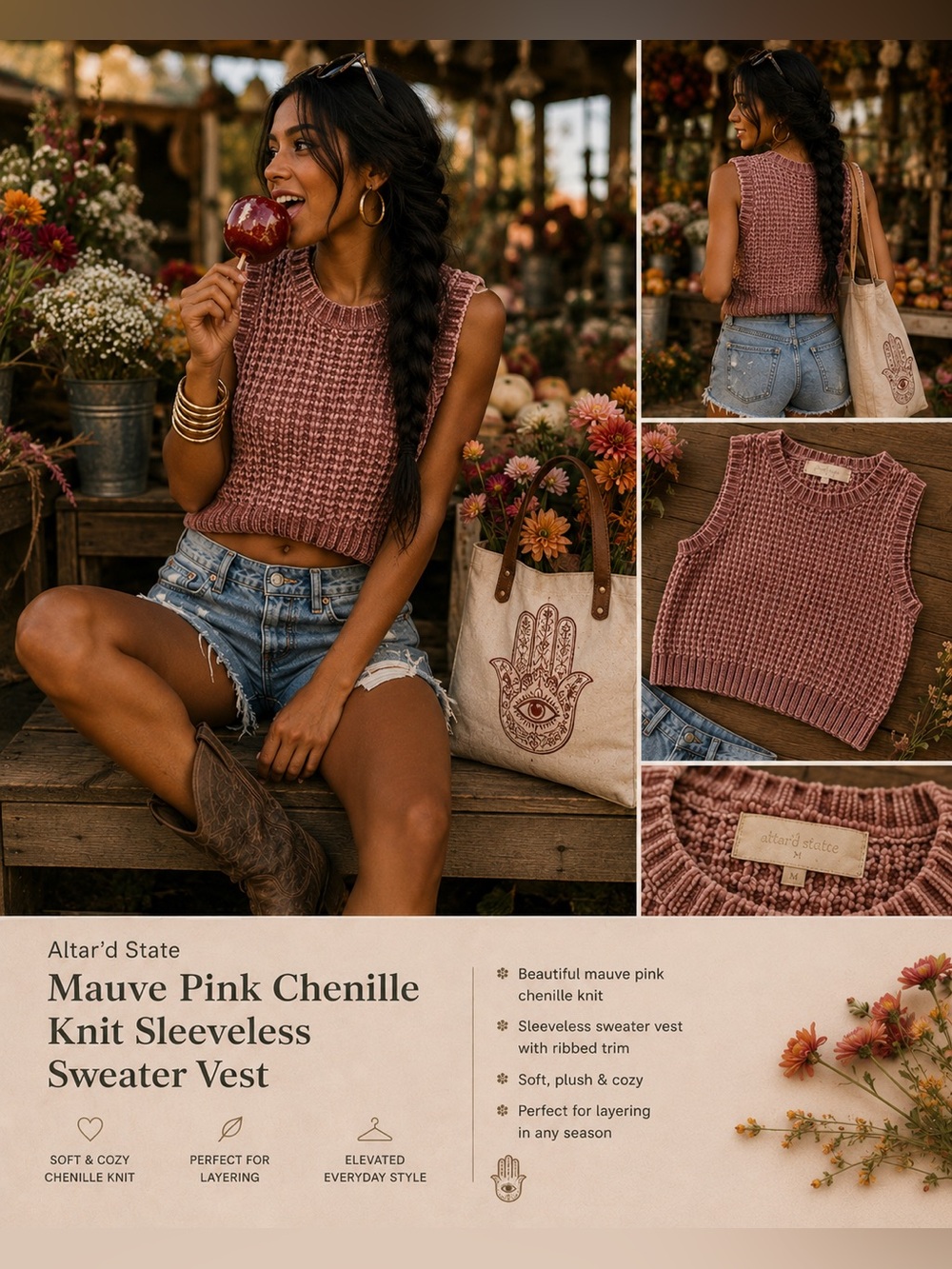Altar'd State Mauve Pink Chenille Knit Sleeveless Sweater Vest